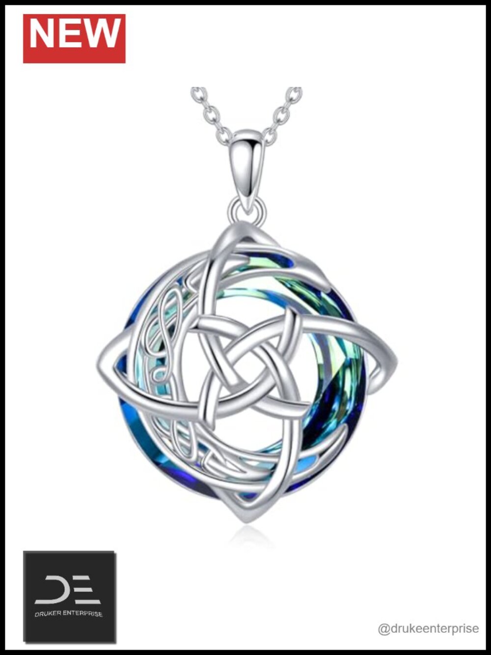 Sterling Silver Celtic Witch Knot Pendant Necklace Crescent Moon Blue Crystal